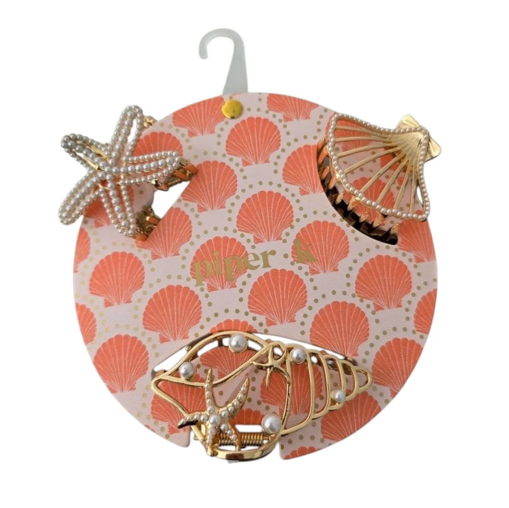 💛▪️Piper K ▪️Golden and Pearl Set Of 3 Hair Clips Set Shell Starfish Beach